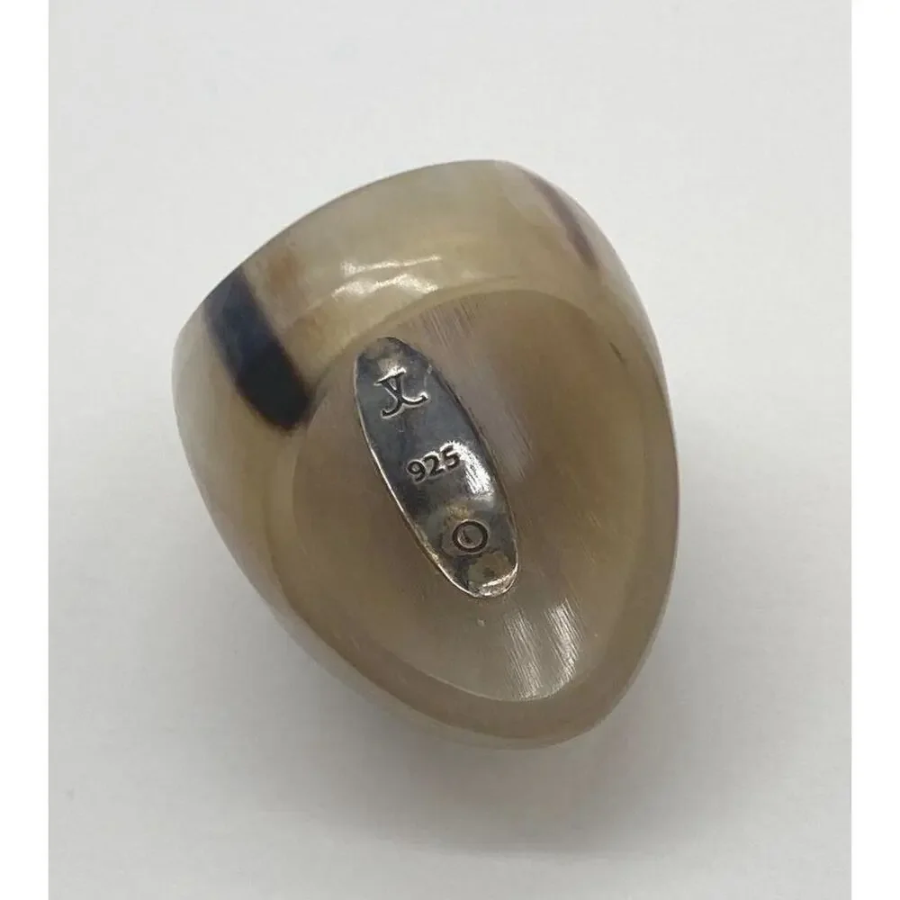 925 Sterling Silver Ring Black Onyx Ring Marcasite Buffalo Horn Art Deco Sz 6